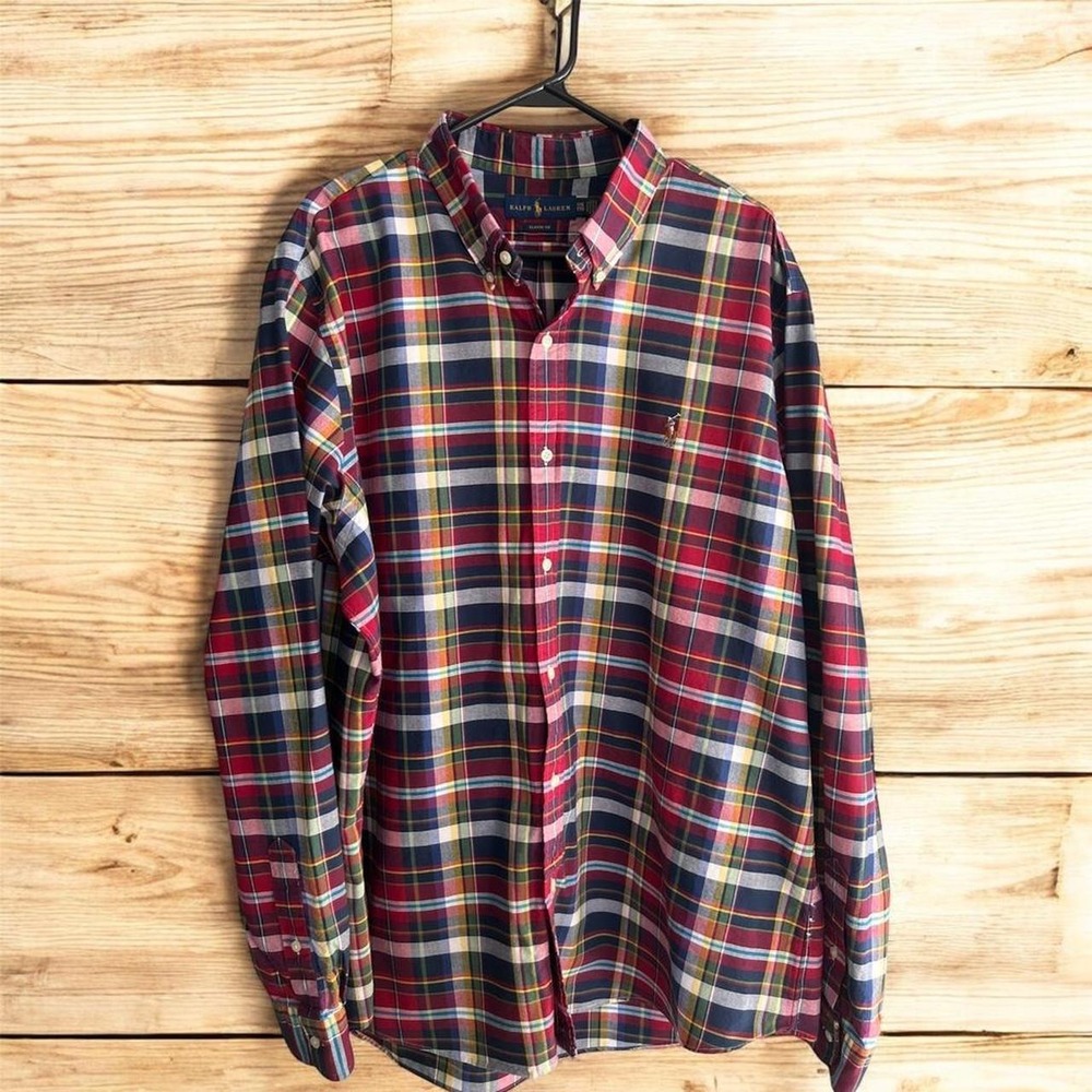 Ralph Lauren Classic Fit Red & Navy Plaid Button-Up Shirt Men's XXL Preppy